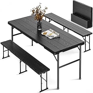 Folding Table with 2 Benches Set, 6FT Picnic Table with 2 Chairs, 3pcs Plastic Camping Tables and Foldable Bench Sets Indoor & Outdoor for Party, Camping, Picnic, Wedding, BBQ, Black