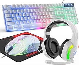 Wired Gaming Keyboard and Mouse Headset Combo,Rainbow LED Backlit Wired Keyboard,Over Ear Headphone with Mic,Rainbow Backlit Gaming Mice,Mouse Pad,for PC,Laptop,Mac,PS4,Xbox(White)