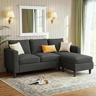 JAMFLY Couches for Living Room, 3-Seat Reversible Sectional Sofa with Convertible Ottoman, Modern Ribbed Fabric L-Shaped Couch for Small Apartment, Studio & Office, Easy Assembly, Grey