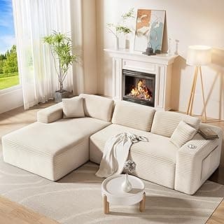 108” Cloud Sectional Couch in One Box, Compressed Modular Sectional Sofa with Deep Seat, Corduroy Boneless Couches, L-Shaped Sofa for Living Room, 4 Storage Pockets(Left Facing Chaise, Beige)