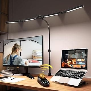 Adjustable LED Desk Lamp – Stepless Dimming & Color Temp Remote Control, Eye-Caring 4 Large Bright Light Souce for Home Office, Flexible Neck, Clamp Base, 5 Lighting Modes for Reading, Computer, DIY