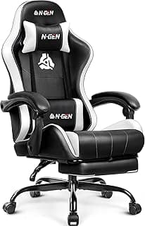 N-GEN GAMING Video Gaming Chair with Footrest Lumbar Support for Home Office High Back Recliner Height Adjustable Ergonomic Comfy Leather Computer Desk Chair (White)