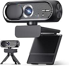 1080P HD Webcam with Rotatable Tripod and Mic, Noise Cancellation, Privacy Cover, Wide-Angle Lens, Auto Light Correction, Plug & Play USB Webcam for Laptop, Desktop, PC, Mac, Zoom, Skype, Streaming
