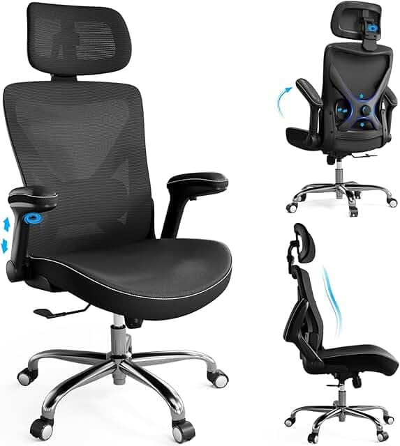Ergonomic Office Chair-Computer X-Shaped Chair Mesh PU Leather with Adjustable Lumbar Support-Executive Desk Chair High Back with Headrest Flip-Up Arms for Long Hours (Black)