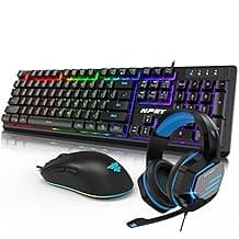 NPET RGB Gaming Keyboard, Mouse and Headset Combo, 3-in-1 USB Wired Black Bundle with Backlit Keys, Optical Mouse, Stereo Headset for PC Gaming and Work
