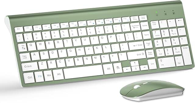 Wireless Keyboard and Mouse Ultra Slim Combo, TopMate 2.4G Silent Compact USB 2400DPI Mouse and Scissor Switch Keyboard Set with Cover, Batteries Included, for PC/Laptop/Windows/Mac - Green White