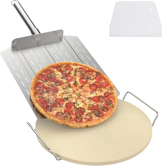 "DcYourHome 16 inch Round Pizza Stone with Rack for Oven, BBQ Grilling, Natural Cordierite Pizza Stone Kit with Pizza Peel & Plastic Scraper for Baking Bread, Universal High Temperature Baking Stone"
