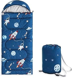 Wake In Cloud - Kids Sleeping Bag for Boys Toddlers, Camping in Warm Cold Weather, Backpacking Lightweight Compact Outdoor Liner for 3 Seasons Summer Spring Fall, Space Rocket Blue
