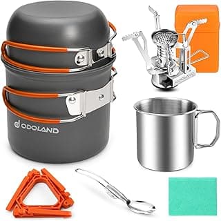 Odoland 8pcs Camping Cookware Mess Kit, Camping Pot and Pan Set with Mini Backpacking Stove, Stainless Steel Cup, Spork and Tank Bracket, Cooking Gear for Outdoor, Hiking, Picnic, Campfire