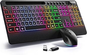 Hamile Wireless Keyboard and Mouse Combo:RGB Backlit Effects,Ergonomic Full Size Silent Keyboard,Wrist Rest,2.4G Rechargeable with Phone Holder Compatible with Windows, Mac,PC,Laptop, Black