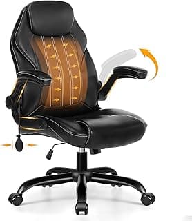 Office Desk Chair, Ergonomic Computer Chair with Padded Flip-Up Arms and Adjustable Lumbar Support, PU Leather Executive Chair with Tilt Lock and 360° Swivel Rolling Wheels for Work, Study
