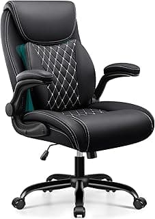 BESTFAIR Office Chair, Ergonomic Computer Desk Chairs with Lumbar Support for Lower Back Pain Relief, Executive Leather Home Chair Comfy with Padded Flip-up Armrests, Black