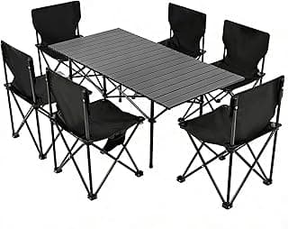 Camping Table Folding Portable Camp Table with 6 Chairs, Folding Picnic Table with Carry Bag Indoor Outdoor for Camping, Beach, Patio, RV, Backyard BBQ, Sturdy, Stable, Easy to Carry, Black