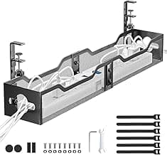 Under Desk Cable Management Tray Black, Litwaro Cable Management Under Desk No Drill, 25'' Cable Tray with Clamp for Wire Management, Cord Organizer for Office, Home - No Damage to Table