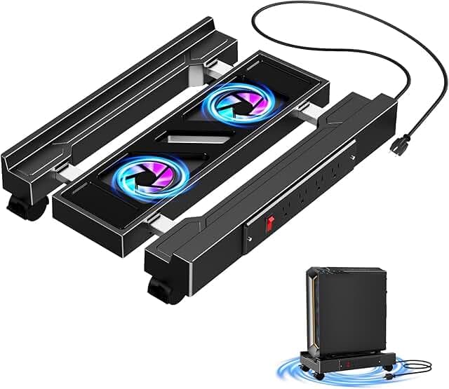 Adjustable CPU Holder with Charging Station and Cooling Fan with RGB Light,Mobile CPU Holder with 4 Rolling Casters, Under Desk CPU Bracket PC Floor Cart PC Riser for Office, Home (Socket with Fan)