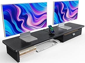 HUANUO Large Dual Monitor Stand with Drawer, Wood Monitor Stand Riser for 2 Monitors with Storage & Cable Management, Desktop Organizer up to 55" fit Monitor, Computer, TV, Printer