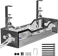 Under Desk Cable Management Tray Black, Litwaro Cable Management Under Desk No Drill, Cable Organizer with Clamp for Wire Management, Cord Organizer No Damage to Desk for Office, Home