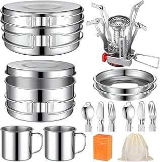 15 Pcs Camp Cooking Set Stainless Steel Camping Cookware Mess Kit with Pot Pan and Stove 2 Set Stainless Steel Cups Plates Forks Knives Spoons for Camping Backpacking Outdoor Cooking Picnic