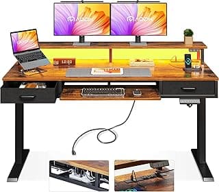 AODK Electric Standing Desk with Drawers & Keyboard Tray, 55 Inch Height Adjustable Gaming Desk with Power Outlets & LED Lights, Sit Stand Table with Monitor Stand for Home, Office, Rustic Brown