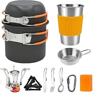 Camping Cookware Mess Kit, Non-Stick Lightweight Camping Pots and Pans with Kettle, Stainless Steel Cups Plates Forks Knives Spoons for Backpacking, Hiking, Outdoor Cooking