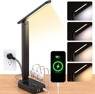 One Beat Small LED Desk Lamp Power Strip 5ft Extension Cord with 3 Outlets 4 USB Ports(2 USB C), 4 Modes, 5 Level Touch Lamp Study Reading Light, Home Office Bedroom College Dorm Room Essentials,Black