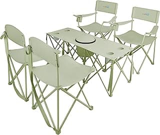 5 Pcs Camping Chair and Folding Camping Table Set, Outdoor Folding Picnic Chairs Lawn Portable Camp Table with Cooler Bag & Cup Holder for Camping, Fishing, Sporting Events, Support 500lbs, Green