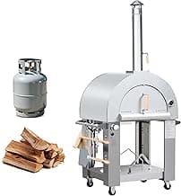 KOSTCH 32.5" Outdoor Duel Fuel Pizza Oven, 304 Stainless Steel Wood Fired & Propane Gas Pizza Oven with Temperature Gauge, Portable Pizza Oven on Wheels for Outside, Camping, Party (Silver)