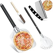 4-Piece Pizza Oven Accessories Kit, Includes 12 Inch perforated Pizza Peel, 9 Inch Round Pizza Turning Peel, Oven Brush with Scraper and Rocker Cutter, Pizza Spatula Paddle Set for Home Pizza Making