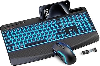 Wireless Keyboard and Mouse Combo,SABLUTE KM25Pro Rechargeable Backlit Ergonomic Keyboard with 4000mAh Battery, Wrist Rest and Phone Holder, Quiet for PC/Mac/Laptop/Windows/Chrome OS