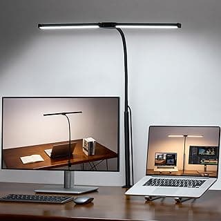 LED Desk Lamp for Home Office, Double Head Architect Light with Clamp, Computer Monitor Clip on Light, 3 Modes and 10 Brightness, Adjustable Flexible Goose-Neck, Table Task Lamp, Black