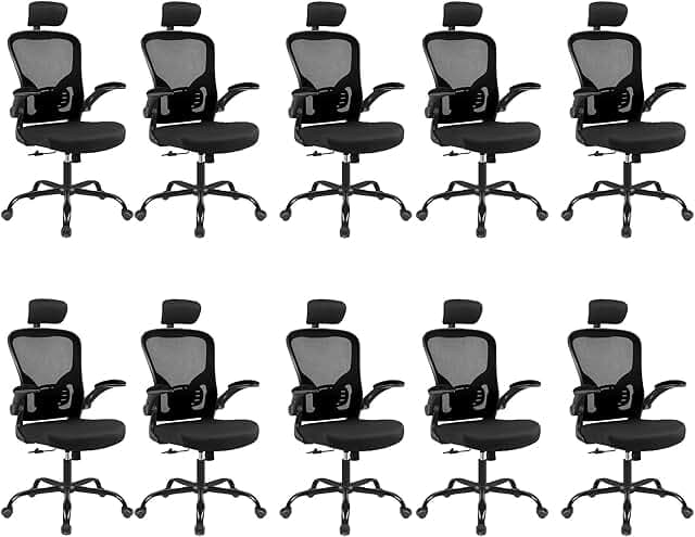 10 Pack Ergonomic Office Chair with 3D Adjustable Headrest, Mesh Home Office Desk Chairs with Lumbar Support & Flip-Up Armrests for Office, Home and Conference Room(10 Pack)