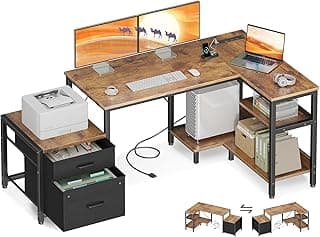 Casaottima L Shaped Desk with Drawers & File Cabinet, Reversible Computer Desk with Storage Shelves & CPU Stand, Corner Desk with Power Outlets, L Desk for Home Office, Rustic Brown