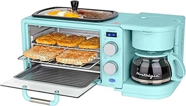 Nostalgia 3-in-1 Retro Breakfast Station - Includes 5 Cup Coffee Maker, Non-Stick Ceramic Griddle, and 4-Slice Toaster Oven - Built-In Timer, Reusable Coffee Filter, Space-Saving Design - Aqua