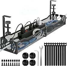 Cable Management, 25.3'' Under Desk Cable Management Tray No Drill, Metal Cable Organizer with Clamp for Wire Management, Cord Organizer for Home Office, Desk Accessories Organizer, Black