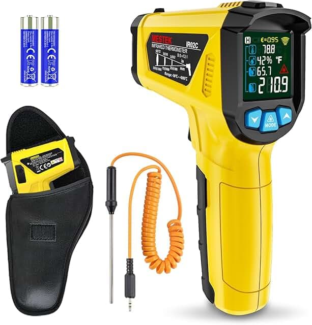 Infrared Thermometer Gun -58°F to 1472°F, Digital Temperature Gun/K-Type Probe -14°F~932°F, Humidity Sensor, IR Laser Temp Gun with Color LCD for Cooking Pizza Oven BBQ HVAC Home-Industrial (Orange)