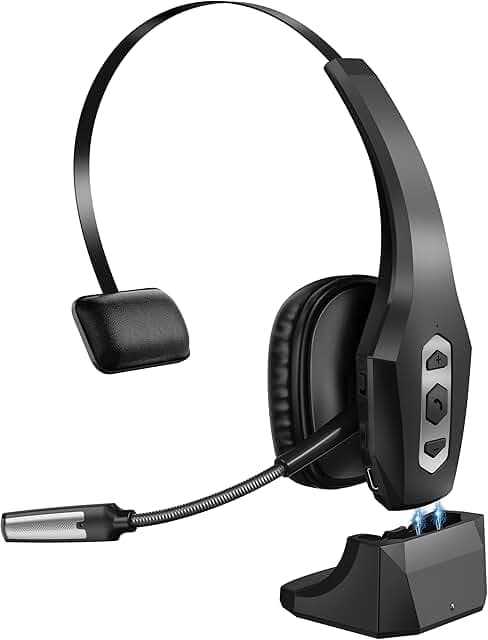 Trucker Bluetooth Headset with Charging Base, Wireless Hands-Free Headset with Noise Canceling Mic & Mute Button, 56Hrs Working Time PC Headsets for Cell Phones, Computer, Truck Driver