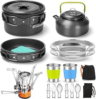 Odoland 16pcs Camping Cookware Set with Folding Camping Stove, Non-Stick Lightweight Pot Pan Kettle Set with Stainless Steel Cups Plates Forks Knives Spoons for Camping Backpacking Outdoor Picnic
