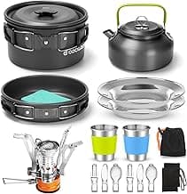 Odoland 16pcs Camping Cookware Set with Folding Camping Stove, Non-Stick Lightweight Pot Pan Kettle Set with Stainless Steel Cups Plates Forks Knives Spoons for Camping Backpacking Outdoor Picnic