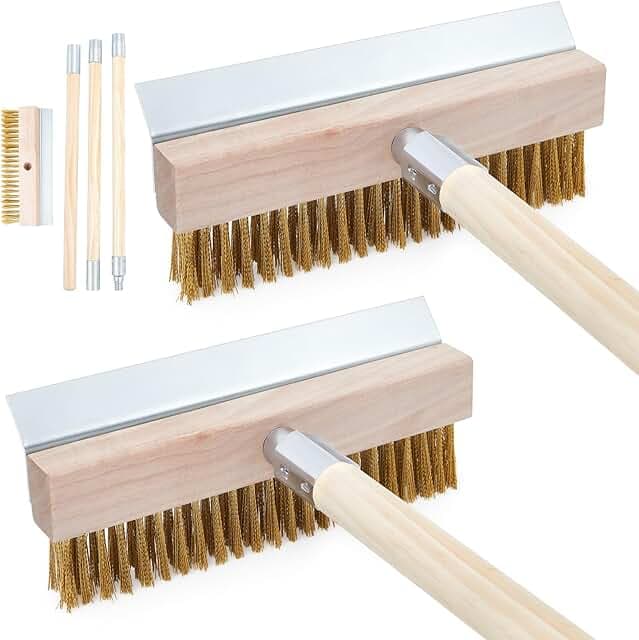 2 Pack 63 Inch Wood Handle Pizza Oven Brush with Scraper Outdoor Pizza Oven Cleaning Brush Tool, Aluminum Threaded Tip, Brass Bristles with Steel Scraper