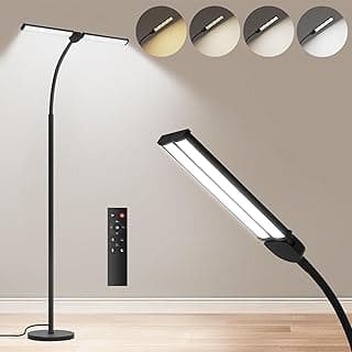 LED Floor Lamp for Living Room, Bright Reading Lamps for Office, Adjustable Colors Temperatures&Brightness, Dual Head Goose-Neck Standing Lamp, Remote and Button Control, Eye Caring Tall Lamp, Black