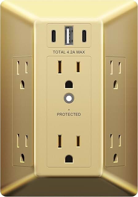 LIDER 6 Outlet Surge Protector Extender with 20W 4.2A 3 USB Type A/C Chargers, Tamper-Resistant Receptacle, 1500 Joules, Multi Plug Wall Charger for Home Office, UL Listed, Thermoplastic, Matte Gold