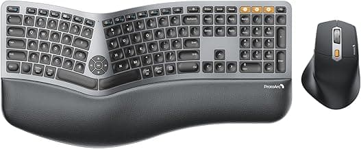 ProtoArc Ergonomic Keyboard Mouse, EKM01 Plus Full Size Wireless Bluetooth Ergo Keyboard Mouse Combo, Cushioned Palm Rest, Split Design, Rechargeable, Compatible for Windows, Mac OS - Gray and Black