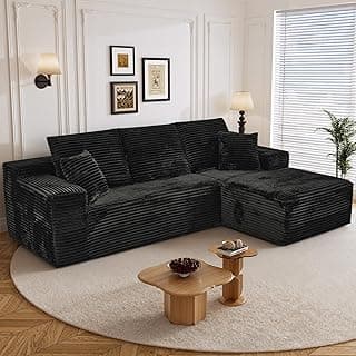 108" L Shaped Boneless Sectional Couches for Living Room, Comfy Corduroy Floor Cloud Sofa with Chaise, Wide Armrest, Deep Seat, Memory Foam, Assembly Free, Ideal for Small Spaces, Black