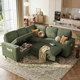 LINSY HOME Sectional Sleeper Sofa with Storage Chaise & USB Charging, Convertible Pull Out Couch Bed Plush Corduroy Modular Sectional Couches for Living Room Apartment (Green)