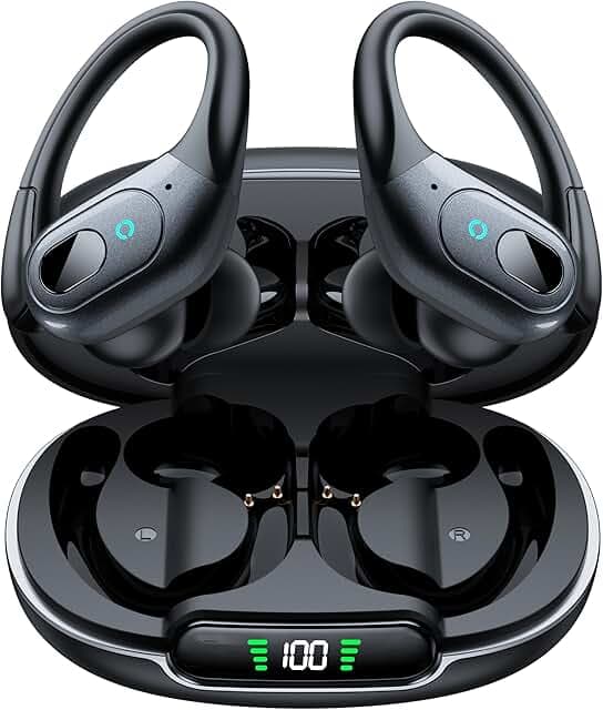 occiam Active Noise Cancelling Earbuds Wireless Bluetooth Headphones Ear Buds 90Hrs Playback Stereo Bass Earphones with Mic Over-Ear Hooks IPX7 Waterproof Headset for Work Sports Running Matte Black