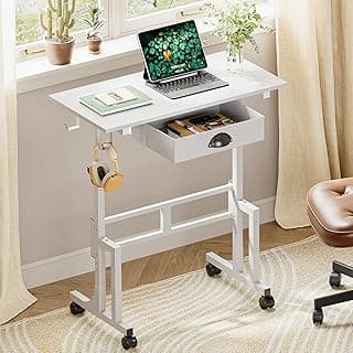 Small White Standing Computer Desk with Drawers,Height Adjustable Home Office Sit Stand Up Desk with 4 Wheels & 2 Hooks,Portable Rolling Work Study Gaming Table for Laptop Tablet Walking Pad Treadmill