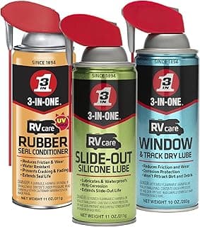 3-IN-ONE RV Care Trio Pack Includes Slide Out Lube 11 oz, Window & Track Lube 10 oz and Rubber Seal Conditioner 11oz.