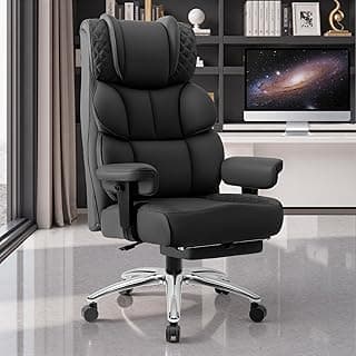 Office Desk Chair, Big and Tall Leather Gaming Chair with Footrest, Wide Ergonomic Comfy Executive High-Back Reclining Computer Chairs, Swivel Rolling Wheels and Padded Lumbar Support, Black