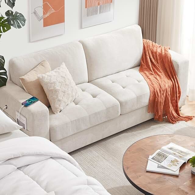 Ihanherry Modern Sofa 2-Seater Couches for Living Room, Chenille Sofas with Extra Large Seat Width & Depth, USB/Type-C Charging Port & Side Pocket, Removable Medium Firm Sofa Cushion(89inch, Beige)