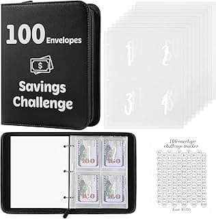 100 Envelopes Money Challenge Binder with Laminated Tracker, Budget Binder with Cash Envelopes, Savings Book with Zipper to Save $5,050 (Black)